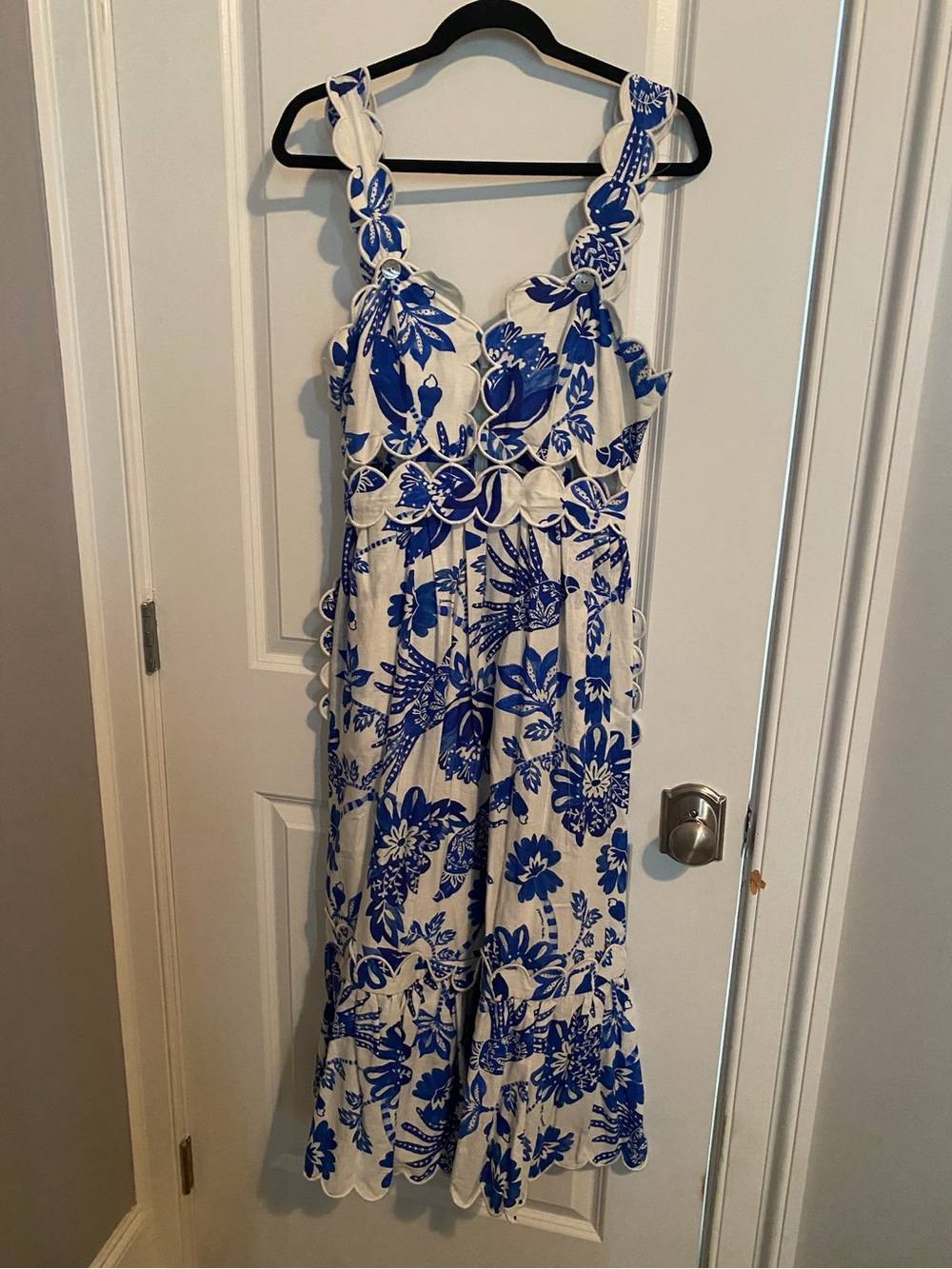 Farm Rio blue and white midi dress  with Scallop Trim